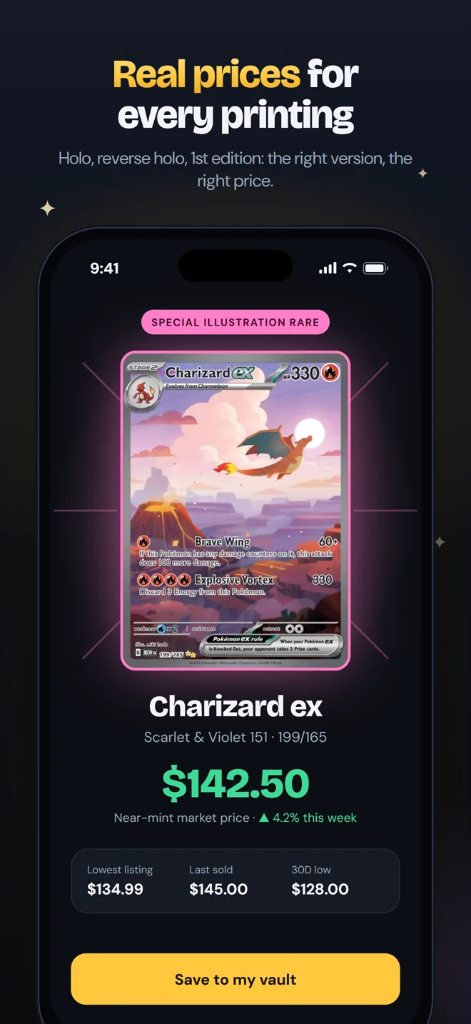A scanned Pokémon card with its printing, rarity and market price