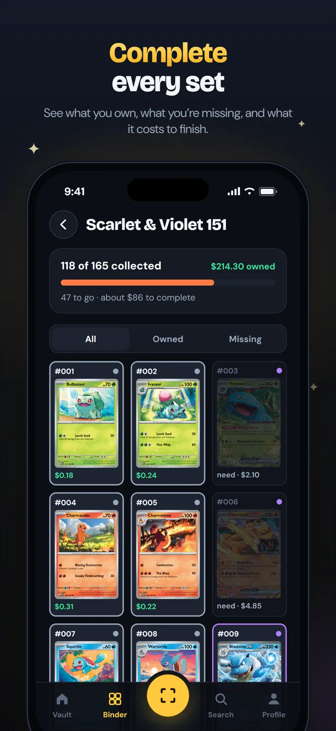 Set tracker with owned and missing cards