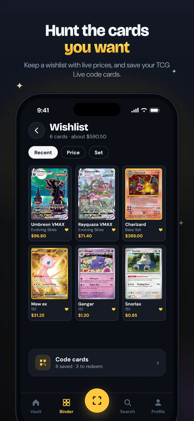 Card wishlist with prices